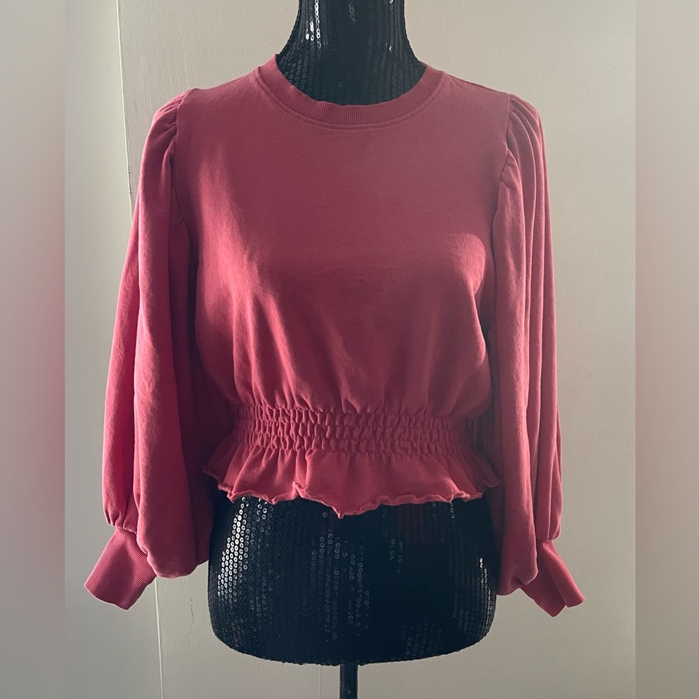 Zara Pink Balloon Sleeve Cropped Sweatshirt Size Small